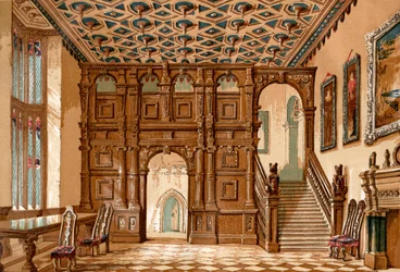 Wnętrze Methley Hall, Yorkshire, Anglia przed jego zburzeniem w 1963, z Old England: A Pictorial Museum, wyd. 1847