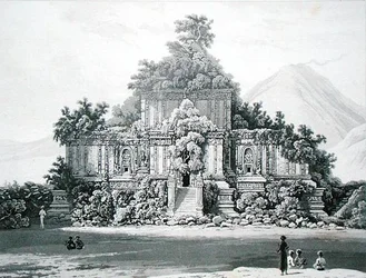 Wielka Świątynia w Brambanan, tablica 35 z tomu II „Historii Jawy” Thomasa Stamforda Rafflesa (1781-1826), opublikowana w 1817 r. (litografia)