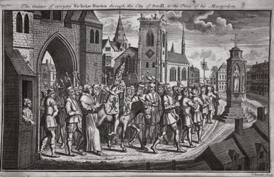 Sposób przeprowadzenia Nicholasa Burtona przez Sewillę na miejsce jego męczeństwa, ilustracja z Foxes Martyrs c.1703