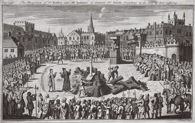 Męczeństwo dr Ridleya i pana Latimera w Oksfordzie, dr Smith wygłaszający kazanie w czasie ich cierpienia, ilustracja z "Foxes Martyrs" ok. 1703 r. (litografia)