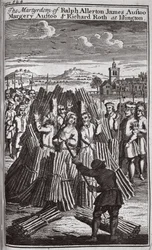 Męczeństwo Ralpha Allertona, Jamesa Austoo, Margery Austoo i Richarda Rotha w Islington, ilustracja z "Foxes Martyrs" ok. 1703 r. (litografia)