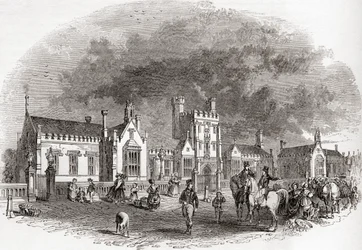 Stara szkoła w Bedford, przebudowana pod koniec XIX wieku, z Old England: A Pictorial Museum, pub. 1847