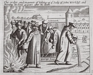 Kolejność i sposób zabrania ciała Johna Wickliffa i spalenia jego kości 44 lata po jego śmierci, ilustracja z Acts and Monuments Johna Foxe