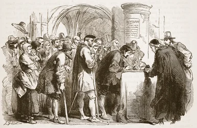 Ludzie podpisujący Przymierze w kościele St. Giles w Edynburgu, ilustracja z Cassells Illustrated History of England (zdjęcie w sepii)