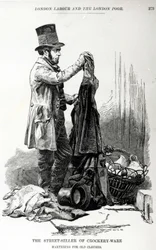 Sprzedawca uliczny naczyń stołowych wymieniający stare ubrania, ok. 1840 r.