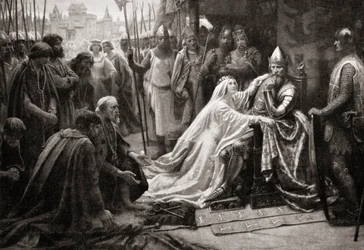 Жена короля Эдуарда III, королева Филиппа Эно, заступается перед мужем с просьбой сохранить жизнь семи горожанам Кале (печать)польский