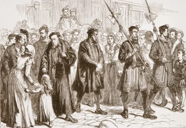 Thomas Bilney w drodze na stos, ilustracja z „Historii protestantyzmu” Jamesa Aitkena Wyliego (1808-1890), wyd. 1878 (grawerowanie)