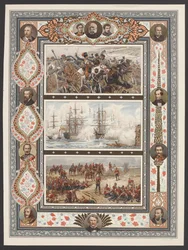 Trzy winiety przedstawiające sceny bitew morskich i lądowych, w tym „Relief of the Light Brigade” R. Catona Woodville