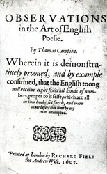 Strona tytułowa do Observations in the Art of English Poesie autorstwa Thomasa Campiona, opublikowana w 1602 r. (papier drukowany)
