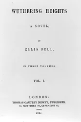 Strona tytułowa pierwszego wydania Wichrowych Wzgórz Ellisa Bella (pseudonim Emily Bronte), opublikowanego w 1847 r. (papier drukowany)
