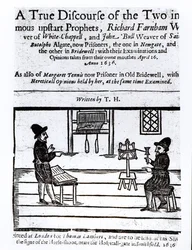 Strona tytułowa Prawdziwego dyskursu dwóch niesławnych proroków, Richarda Farnhama, tkacza z White-Chapel i Johna Bulla, tkacza z Saint Botolphs, Algate autorstwa T.H 1636