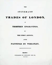 Strona tytułowa The Itinerant Trades of London w trzynastu rycinach pierwszych artystów po obrazach Francisa Wheatleya, wydana przez Colnaghi and Co. Pall Mal, 1794