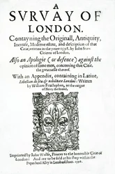 Strona tytułowa do A Survey of London autorstwa Johna Stow, opublikowanej w 1598 (papier drukowany)