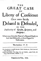 Strona tytułowa do The Great Case of Liberty of Conscience Williama Penna, opublikowanej w 1670 r