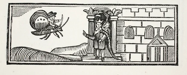 Tom ukrył się i próbował uciec na grzbiecie motyla, ilustracja z książki Chap-books of the Eighteenth Century autorstwa Johna Ashtona, pub. 1882