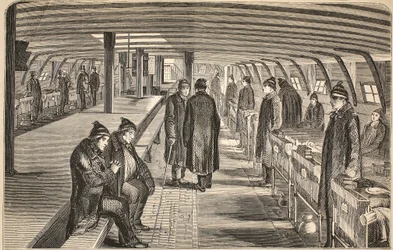 Górny pokład statku szpitalnego Unite, przymocowany do kadłubów w Woolwich, ilustracja z The Criminal Prisons of London i Scenes from Prison Life autorstwa Henry