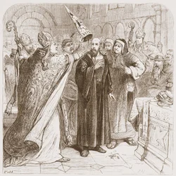Trial of Huss: Degrading the Martyr, ilustracja z Historii protestantyzmu Jamesa Aitkena Wylie (1808-1890), wyd. 1878