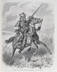Żołnierz straży przybocznej szejka Bornu, z „Historii ludzkości”, tom III, prof. Friedricha Ratzela, 1898