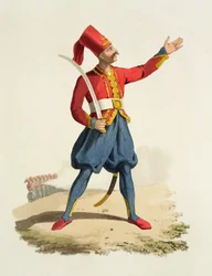 Żołnierz turecki, z Costumes of the Various Nations, tom VII, The Military Costume of Turkey, autorstwa Thomasa MacLeana, opublikowano około 1800-18