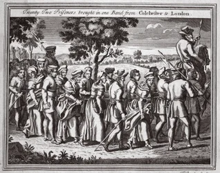 Dwudziestu dwóch więźniów przywiezionych w jednym zespole z Colchester do Londynu, ilustracja z Foxes Martyrs ok. 1703 r.
