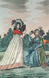 Dwie modne damy w ogrodzie, ok. 1800 (kolor grawerowany)