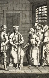 Dwóch hiszpańskich braci rozmawiających z panem Bradfordem, ilustracja z Foxes Martyrs c.1703 99:Foxes Book of męczenników; Johna Foxa; c17; Lisy;