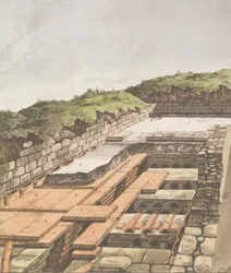 Podziemny system ogrzewania dla rzymskiej willi w Anglii, opublikowany 1797 (ręcznie kolorowana lito)