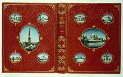 Górna i dolna okładka, dziesięć owalnych miniatur meczetów, ze złoconymi bordiurami