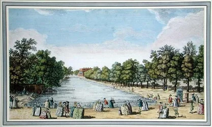 Widok na formalne ogrody z jeziorem, prawdopodobnie Long Water w Hampton Court (kolor lito)