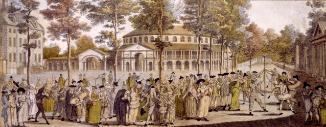 Widok na bal jubileuszowy, ogrody Ranelagh, z okazji urodzin księcia Walii, Jerzego, 24 maja 1759 r. (rycina ręcznie kolorowana)