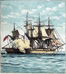 Wojna 1812 między Stanami Zjednoczonymi a Wielką Brytanią: fregata Chesapeake podczas bitwy morskiej z brytyjską fregatą „Shannon” w dniu 1 czerwca 1813 r. u wybrzeży Bostonu. „Chesapeake i Shannon”