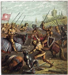 Wojna Dwóch Róż (1455-1485); Bitwa pod Tewkesbury (4 maja 1471). Ilustracja angielskiej wojny domowej zrodzonej z podziału następców króla Edwarda III (1327-1377) na dwie gałęzie. Bitwa pod Tewkesbury: ostatnia bitwa w wojnie o Różę