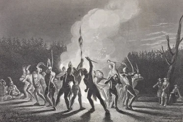 Waszyngton i Fairfax podczas indiańskiego tańca wojennego, 1748, z "Galerii portretów historycznych", opublikowanej ok. 1880 r.