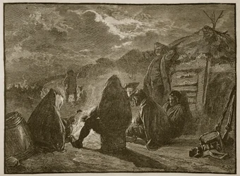 Waszyngton przy ognisku w Valley Forge, ilustracja z Cassells Illustrated History of England (zdjęcie w sepii)
