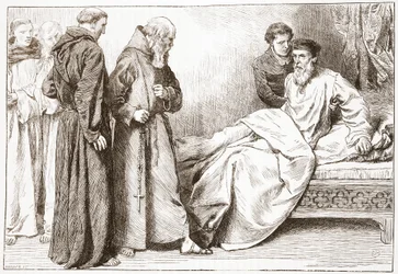 Wycliffe i mnisi: scena w sypialni, ilustracja z Historii protestantyzmu Jamesa Aitkena Wyliego (1808-1890), wyd. 1878