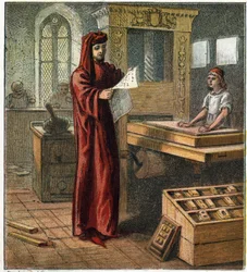 William Caxton (1422-1491), pierwszy angielski drukarz, w swoim warsztacie z prasą drukarską. William Caxton, pierwszy angielski drukarz.