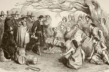 William Penn zawiera traktat z Indianami Delaware lub Lenape w 1682 r. (litho)