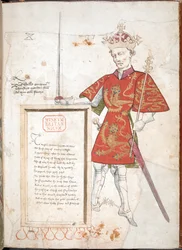 Wilhelm Zdobywca, król angielski w zbroi i tabardzie, przedstawiający tablicę z wersetami (welin)