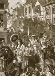 Triumfalna procesja Williamsa do Whitehall, ilustracja z Cassells Illustrated History of England (zdjęcie w sepii)