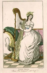 Kobieta w paryskiej sukience i słomkowym kapeluszu obszytym krepą grającą na harfie, ilustracja z „Magazynu damskiego”, ryt. J. Mutlow (fl.1810-40) c.1817 (rycina)