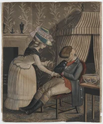Kobieta kradnąca śpiącemu mężczyźnie torebkę ze skarpetą i zegarek kieszonkowy, ok. 1790 r. (ręcznie kolorowana mezzotinta)