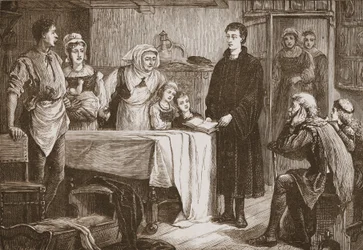 Młody Kalwin wyjaśnia Biblię rodzinie w Bourges, ilustracja z Historii protestantyzmu Jamesa Aitkena Wylie (1808-1890), wyd. 1878
