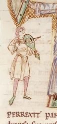 f.218v Fragment zamieszkałego początkowego „T” przedstawiający mężczyznę grającego na rebece, z „Passionale”, c.1110 (welum)