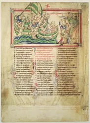 f.4v Thomas a Becket ląduje w Sandwich i błogosławi wodę, z liści Becketa, c.1220-40