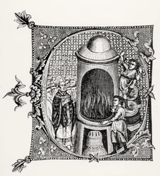 Historyczny inicjał C z Divinorum Officiorum Williama Duranda, ilustracja z Science and Literature in the Middle Ages and Renaissance, napisana i rytowana przez Paula Lacroix, 1878 (
