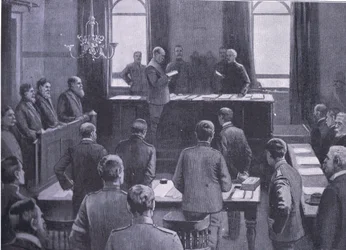 Proces o zdradę stanu w Bloemfontein, z książki After Pretoria: The Guerilla War wydanej przez Harmsworth Bros Limited, 1901