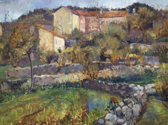 Miasto w krasie, Enrico Fonda (1892-1929), olej na tekturze, 69x89 cm. Włochy, XX wiek.