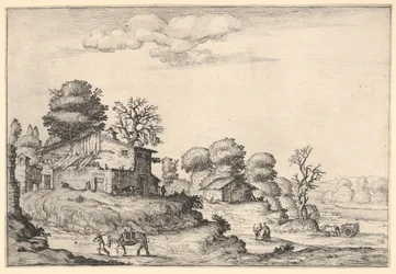 Krajobraz z domami chłopskimi i człowiekiem prowadzącym konia na lewym pierwszym planie, z ..., 1638 r.