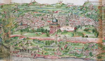 Mapa Jerozolimy z „Pielgrzymki do Ziemi Świętej” Bernharda von Breydenbacha (1440-97)