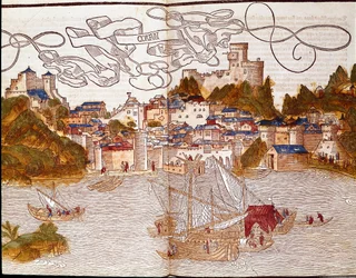 Port Korfu (Corfu) w Grecji Strona zaczerpnięta z książki podróżniczej „Peregrinatio in terram sanctam” po pielgrzymce do Ziemi Świętej Bernarda z Breydenbach (Breidenbach) (1454-1497) ilustrowana rycinami Erharda Reuwicha